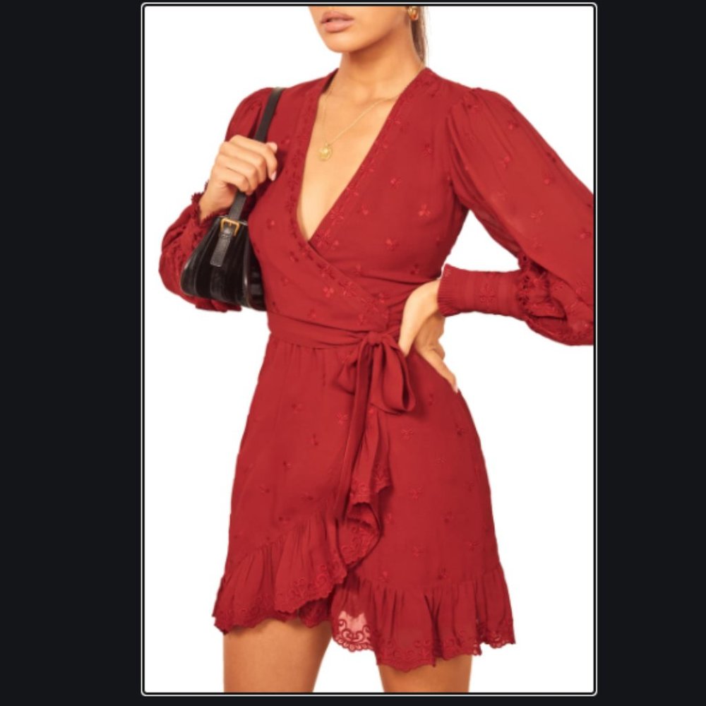 Reformation Clare Embroidered Wrap Dress